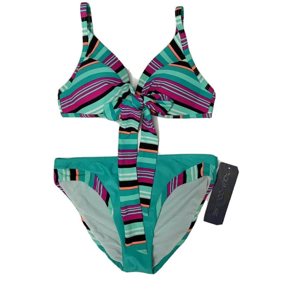 NEW Aqua Couture Turquoise Black Pink Stripe 2 Piece Push Up Bikini Swimsuit S M